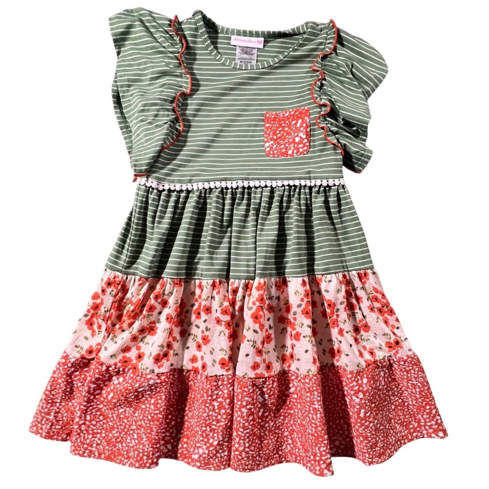 Bonnie Jean Tiered Dress Girls 6X Green Striped Floral Flutter Sleeve